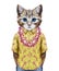 Portrait of Cat in summer shirt with Hawaiian Lei.