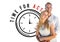 Portrait of caucasian couple against clock icon with time for act text on white background