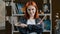 Portrait Caucasian girl confident talented artist woman painter with red hair holding equipment for painting paintbrush