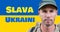 Portrait of caucasian male army soldier by slava ukraini text over blue and yellow ukrainian flag