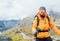 Portrait of caucasian man with backpack and trekking poles in Makalu Barun Park route near Khare. Mera peak climbing