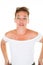 Portrait of caucasian woman in white blank empty shirt casually standing on white wall background in concept of being confident