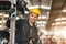 Portrait of caucasian worker happy smiling hand thumbs up for good working at cargo logistic shipping industry factory or