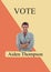 Portrait of caucasian young man with arms crossed and vote aiden thompson text, copy space