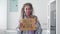 Portrait of Caucasian young woman protest demonstration and flash mob on the room during smart working need work sign
