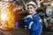 Portrait Caucasion male worker work in Locomotive Repair Shops happy smiling