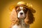 Portrait Of Cavalier King Charles Spaniel Dog In A Hat On Yellow Background.