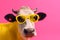 portrait character sunglasses head colourful cute cow face funny animal. Generative AI.