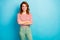 Portrait of charming attractive woman crossed hands enjoy her work job wear good look jumper shirt isolated over blue