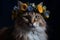 Portrait of a charming gray cat wearing a crown of yellow blu flowers close up. Generative AI