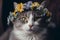 Portrait of a charming gray cat wearing a crown of yellow blu flowers close up. Generative AI