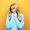 Portrait of charming lovely grandparent woman with long hair enjoy rest relax wear good look blue pullover