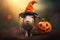 Portrait of charming minipig, wearing Halloween costume with colorful hat, autumn leaves on the ground, Jack-o