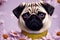 Portrait of charming pug. Cute wrinkled dog on floral background. Generative AI.