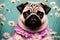 Portrait of charming pug. Cute wrinkled dog on floral background. Generative AI.