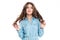 Portrait of charming sensual young woman in blue jeans shirt