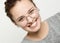 Portrait of cheerful beautiful woman eyewear with pleased look,