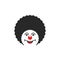 Portrait of a cheerful clown logo, head of a circus comedian with a smile in a curly wig and a round red nose