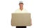Portrait of cheerful delivery man with box