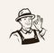 Portrait of a cheerful farmer in a hat. Sketch vector illustration