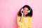 Portrait of cheerful funky african girl have headset listen favorite song enjoy break pause relax wear good look clothes