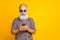 Portrait of cheerful funny funky old bearded man use his cell phone chat on summer holidays vacation wear green