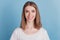 Portrait of cheerful positive adorable girl look camera shiny smile on blue background