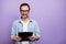 Portrait of cheerful smart man hold clip board ready to have meeting appointment to write tips wear good looking outfit