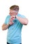 Portrait of a cheerful young guy turning on a wristwatch.  on white background