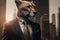 Portrait of a cheetah in a business suit on a city street. Generative ai