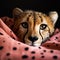 Portrait of a cheetah hidden in a duvet.