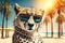 portrait of cheetah in sunglasses on a blurred background of palm trees and the beach