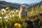 Portrait of a chicken on a green grass meadow with flowers, mountains on a bright sunny day, on a ranch in the village, rural