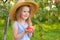 Portrait of child in apple orchard. Little girl in straw hat and blue striped dress, holding apples in her hands