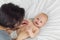 Portrait of a child four months on the bed with mom