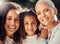 Portrait child, grandmother and mother in nature for family happiness and love in the park in summer. Face of a mom