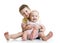 Portrait of child hugging his little cute sister sitting on floor isolated on white background