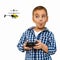 Portrait of a child with a toy. A little boy drives a helicopter