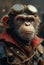 Portrait of chimpanzee with pilot's cap and glasses dressed in red cloak and leather jacket