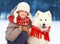 Portrait christmas child boy walking with white Samoyed dog in winter