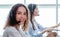 Portrait close up  woman Smiling female call center operator with headset