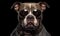 Portrait closeup head shot of Pitbull or American bully with a and street look. Generative Ai
