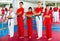 Portrait of coach with his karate students in sports club