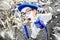 Portrait of a comedian dressed up as a mime with pepsi on chrome celebration background. new year