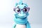 Portrait of comical cute cartoon blue dragon in glasses and warm knitted scarf isolated on white