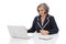 Portrait: competent senior businesswoman sitting at desk with co