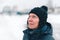 Portrait of concerned woman in snowy outdoors