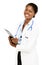 Portrait confident African American female doctor white background