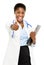 Portrait confident African American female doctor white background