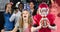 Portrait of confident american football player holding ball with happy fans shouting